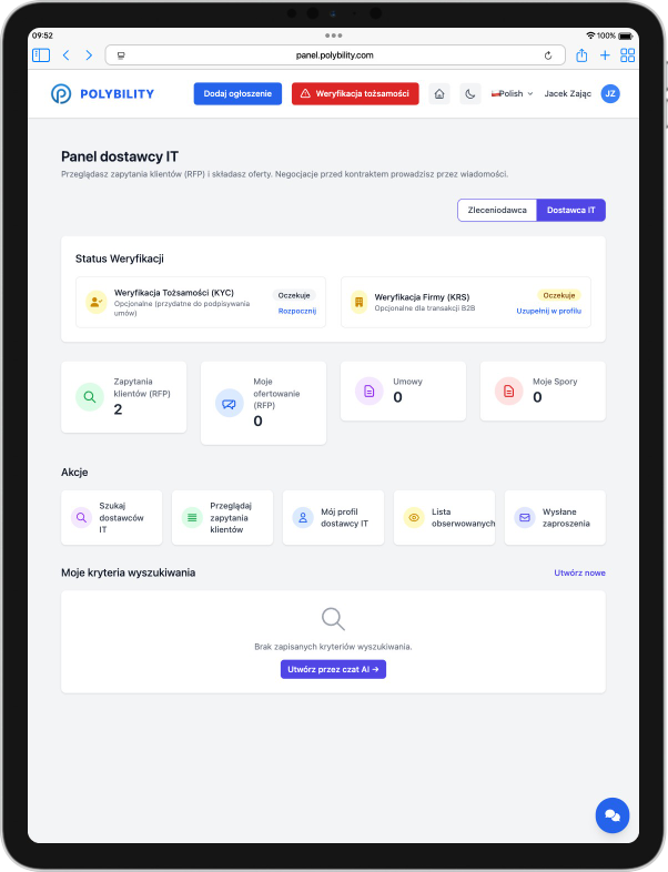 IT provider workspace in Polybility app on tablet