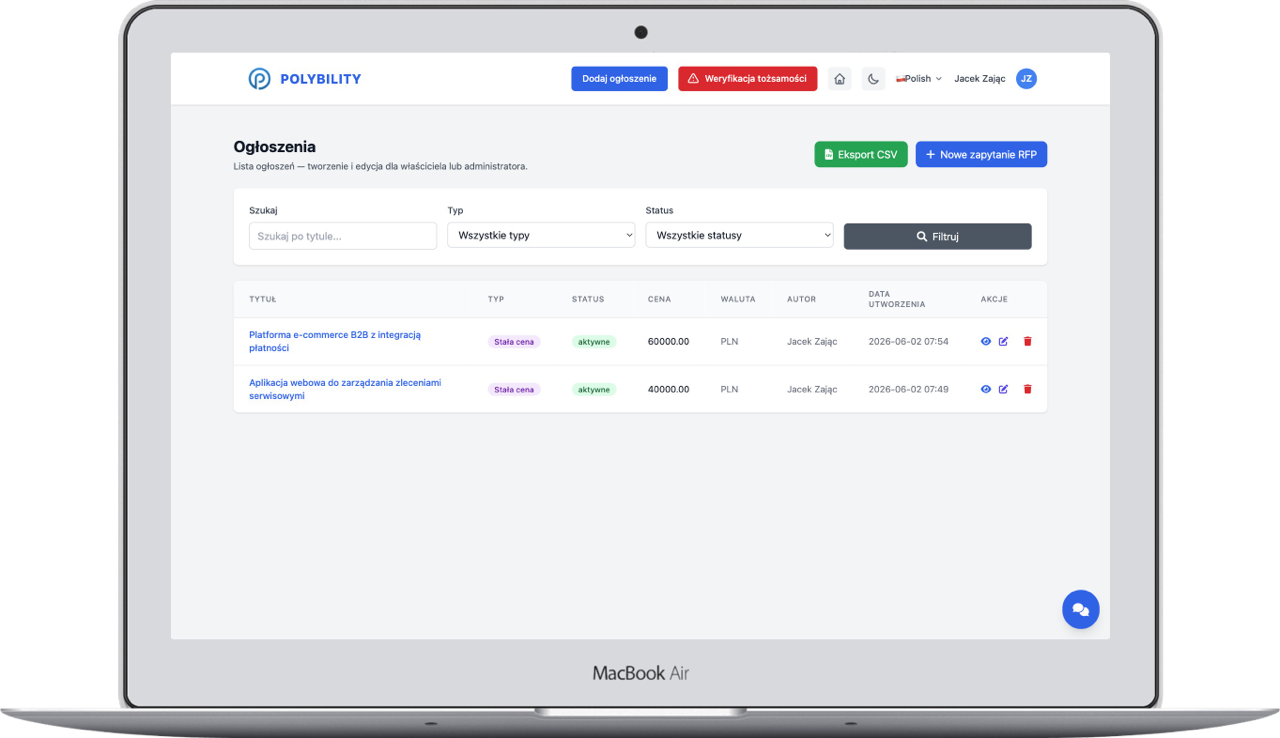 Polybility announcements in admin panel on desktop
