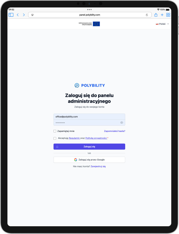 Login panel in Polybility app on tablet